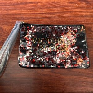Victoria's Secret Black Sequin Wristlet with Red & Silver Accents